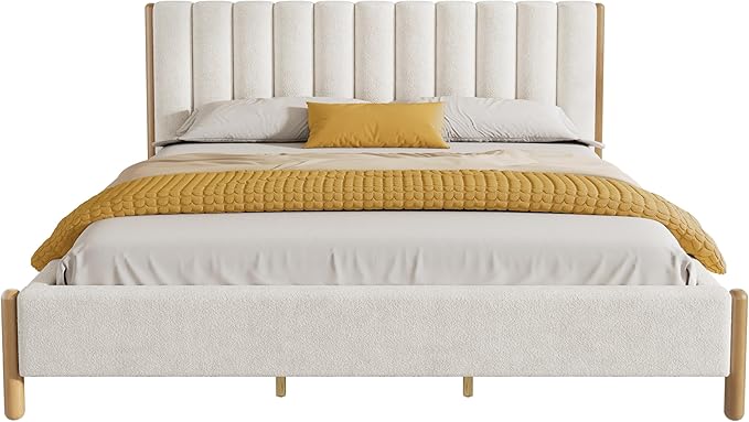 King Size Bed Frame, Upholstered Cloud Boucle Platform Beds Frames with Headboard, Anti-Collision Soft Rounded Corners Footboard, No Box Spring Required, Easy Assembly (42.5" White, King)