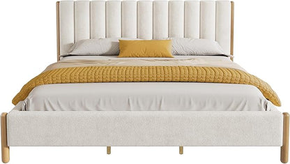 King Size Bed Frame, Upholstered Cloud Boucle Platform Beds Frames with Headboard, Anti-Collision Soft Rounded Corners Footboard, No Box Spring Required, Easy Assembly (42.5" White, King)