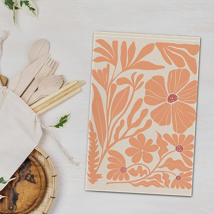 Boho Floral Dish Towels Vintage Abstract Flowers Waffle Weave Orange Flower