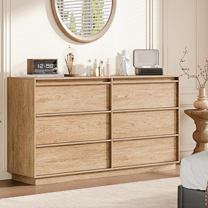 55.12" Modern Chest of Drawer, 6 Deep Drawers,Clothes Organizer,Large Storage Cabinet for Living Room, Bedroom,Dresser TV Stand, Wood Drawer Organizer for Living Room, Hallway, Natural