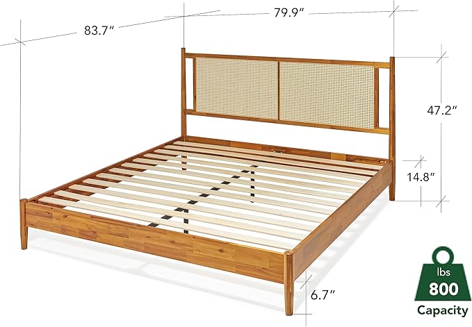 Bme Oliver King Bed Frame and Headboard - 15-Inch Signature Design with Rattan Headboard, Bohemian and Mid Century Style, 12-Slat Wood Support, No Box Spring Needed - Easy Assembly, Caramel