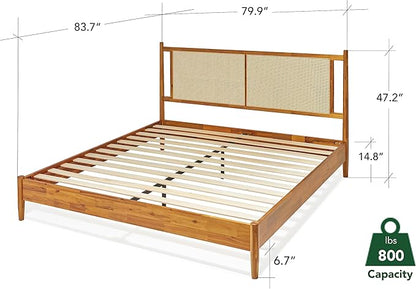 Bme Oliver King Bed Frame and Headboard - 15-Inch Signature Design with Rattan Headboard, Bohemian and Mid Century Style, 12-Slat Wood Support, No Box Spring Needed - Easy Assembly, Caramel