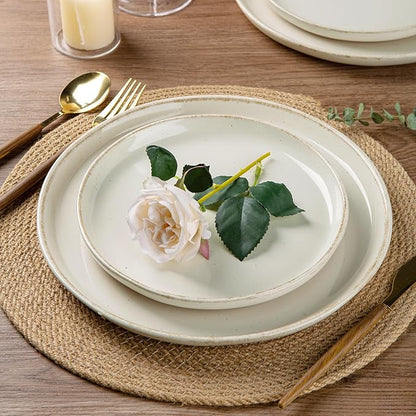 AmorArc 32 Pieces Ceramic Dinnerware Sets for 8, Handpainted Plates and Bowls Set with Rustic Terracotta Underside, Scratch Resistant Stoneware Dishes Set, Dishwasher & Microwave Safe, Light Beige