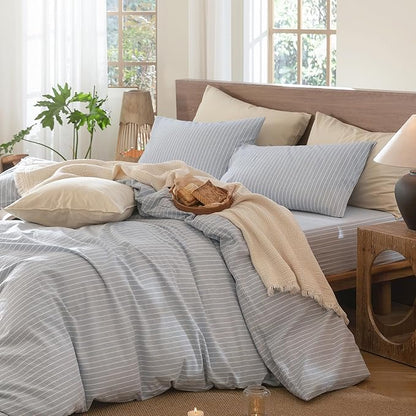 MooMee Striped Duvet Cover Set 100% Washed Cotton Linen Like Textured Breathable Durable Soft Comfy (Cornflower Blue White Wide Stripes, Super King Plus 120"x120")