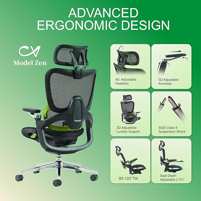 Ergonomic Office Chair, Mesh Home Desk Chair with Adaptive Lumbar Support, Gaming Chair with Headrest, 5D Armrest,90-130°Tilt, BIFMA Certified, Model Zen (Green)