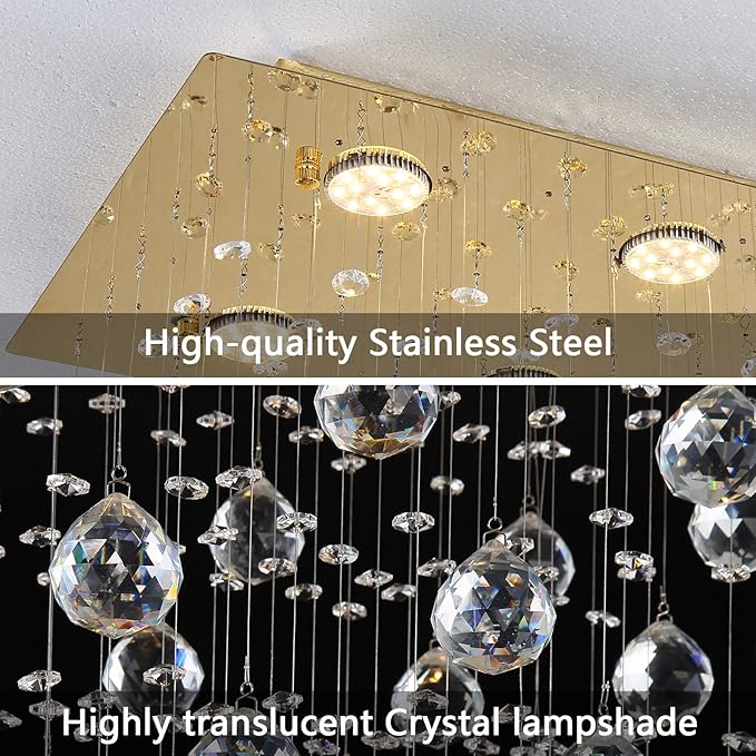 Glam Crystal Chandelier with Bulb Rain Drop Pendants Ceiling Light LED Lighting Rectangular Dining Room Light Fixture Dimmable LED Light Gold