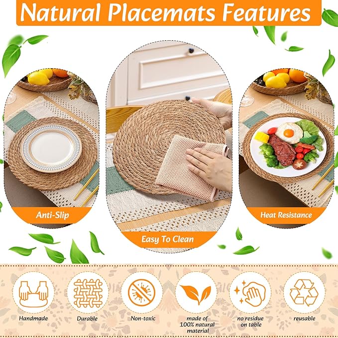 4 Sets Boho Placemats Round Woven Placemats, Cloth Napkins, Wood Bead Napkin Rings, Long Table Runner and Farmhouse Rustic Natural Burlap Cotton for Kitchen Table Home (Green)