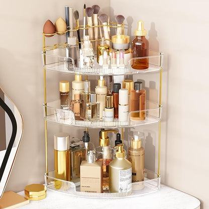 FELIZHOUSE 3-Tier Makeup Organizer for Vanity & Bathroom Countertop – Acrylic Storage Shelf with Perfume Makeup Brush Holder, Tool-Free Installation, Design for Bathroom & Dresser - Clear