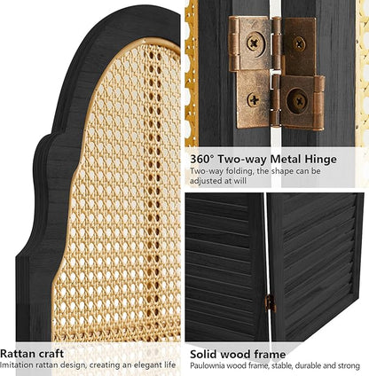 4 Panel Wood Room Divider, Folding Privacy Screen, Rattan Room Divider Wall, Foldable Wood Divider Wall, Portable Partition Screen Room Deco Divider for Room Separation Bedroom Garden (Black)