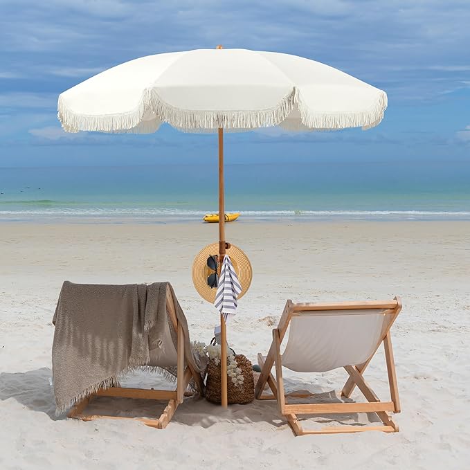 6.5ft Patio Umbrella with Fringe, Beach Umbrella, Fringe Umbrella Outdoor Patio with Hanging Hook, Tilting Aluminum Pole, UV 50+, Fiberglass Ribs, Elegant Cream