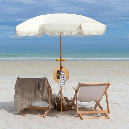 6.5ft Patio Umbrella with Fringe, Beach Umbrella, Fringe Umbrella Outdoor Patio with Hanging Hook, Tilting Aluminum Pole, UV 50+, Fiberglass Ribs, Elegant Cream