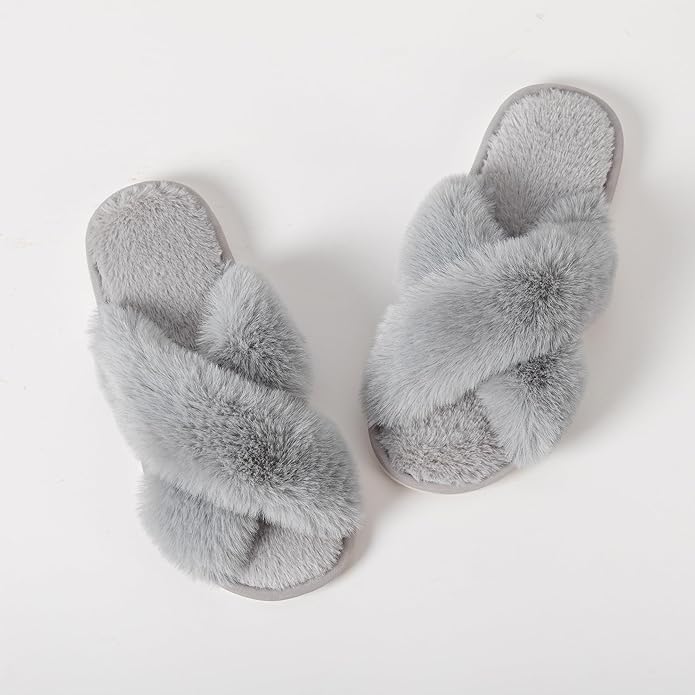Women's Slipper Memory Foam Cross Band Fuzzy Slippers Open Toe Cozy House Slippers Cozy Plush Bedroom Indoor Outdoor