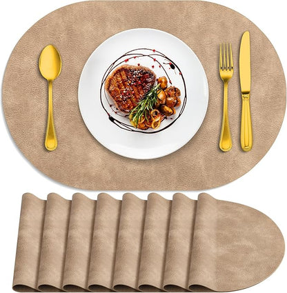 ADRIMER Placemats, Heat Resistant Oval Placemats Set of 8 Washable 12 x 17 Inch, Waterproof Table Placemats Set of 8, Wipeable Faux Leather Placemats for Kitchen, Dining Room, Apricot