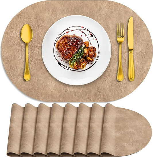 ADRIMER Placemats, Heat Resistant Oval Placemats Set of 8 Washable 12 x 17 Inch, Waterproof Table Placemats Set of 8, Wipeable Faux Leather Placemats for Kitchen, Dining Room, Apricot