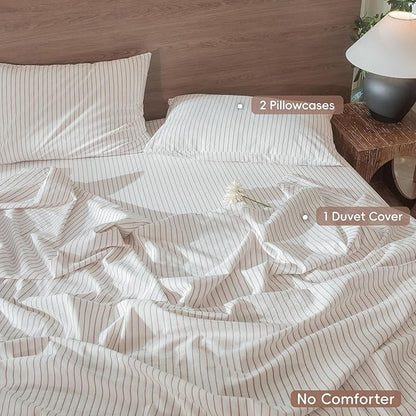 MooMee Striped Duvet Cover Set 100% Washed Cotton Linen Like Textured Breathable Durable Soft Comfy (White Orange Wide Stripes, Queen 90"x90")