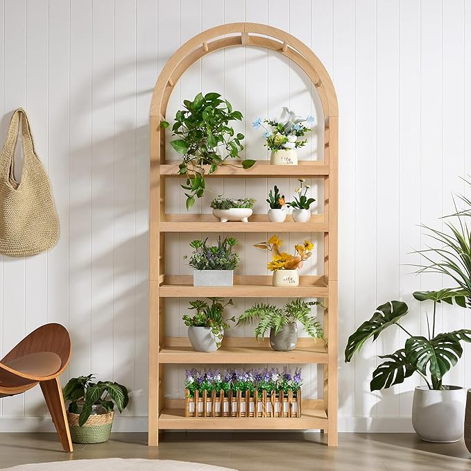 5-Tier Solid Wood Open Bookcase, Modern Arched Bookshelf, Home Office Shelf Storage Organizer, Storage Display Rack Shelf for Living Room (Natural)