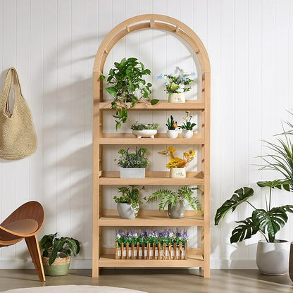 5-Tier Solid Wood Open Bookcase, Modern Arched Bookshelf, Home Office Shelf Storage Organizer, Storage Display Rack Shelf for Living Room (Natural)