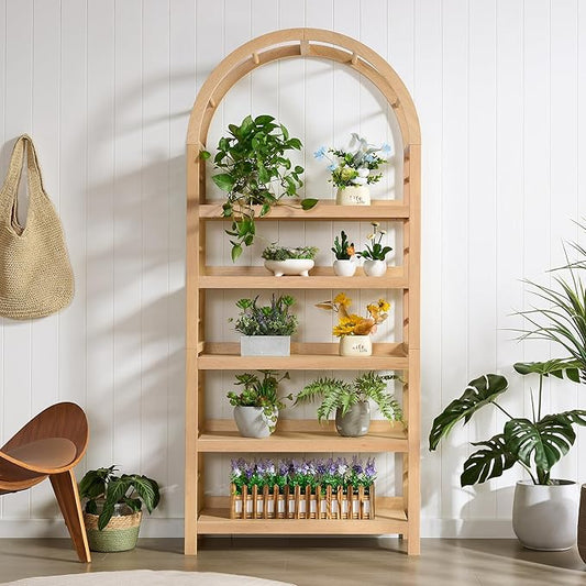 5-Tier Solid Wood Open Bookcase, Modern Arched Bookshelf, Home Office Shelf Storage Organizer, Storage Display Rack Shelf for Living Room (Natural)
