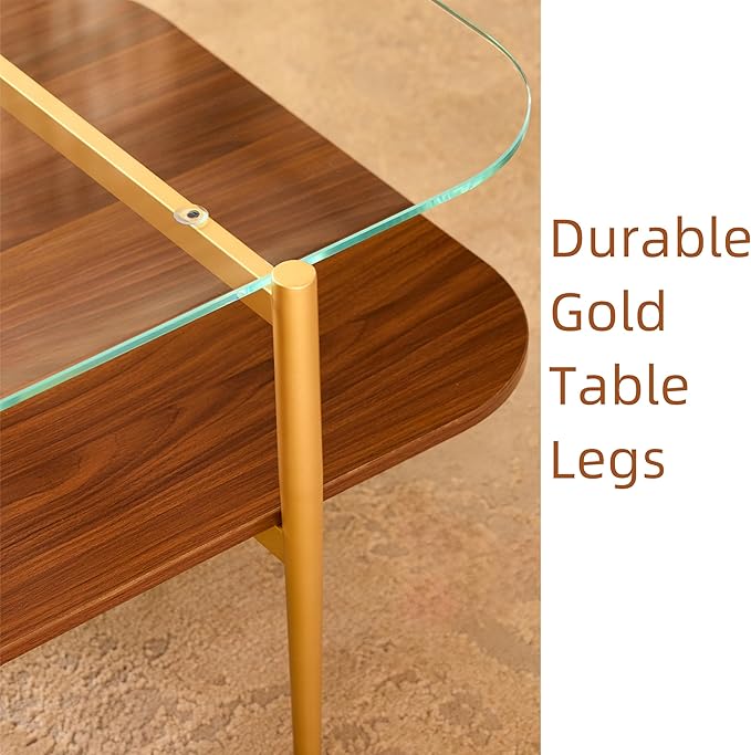 Saint Mossi Tadio Oval Glass Coffee Table, Double Layer Coffee Table for Living Room, Clear Glass & Coffee Brown MDF Bottom Shelf, H17xL47xW21