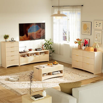 Pipishell Fluted 7 Drawers Dresser, Modern Wood Chest of Drawers, Dressers with Round Edge Design, Dresser TV Stand, Wood Drawer Organizer for Bedroom, Living Room, Hallway, Natural Oak