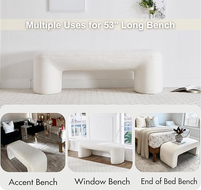 3-Piece Nesting Upholstered Bench with 2 Stools, 53" Chenille Accent Chair Waterfall Bench Modern End of Bed Entryway Bench Bedroom Bench for Living Room Vanity, White, No Need to Install