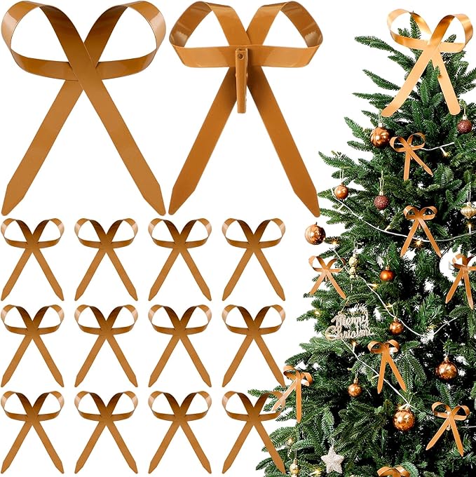 12 Pcs 2025 Metal Christmas Bow Ornaments for Christmas Tree Garland Wreath Bulk Bow with Clip Ornament Vintage Indoor Outdoor Home Xmas Party Decorations, 4 x 5 Inches (Khaki)