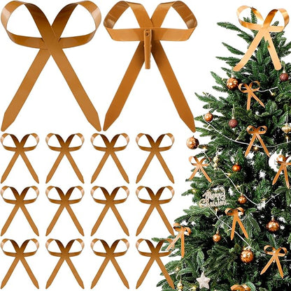 12 Pcs 2025 Metal Christmas Bow Ornaments for Christmas Tree Garland Wreath Bulk Bow with Clip Ornament Vintage Indoor Outdoor Home Xmas Party Decorations, 4 x 5 Inches (Khaki)
