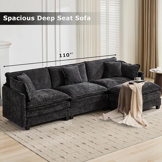 SoarFlash 107.4" Chenille Sectional Sofa, Comfy L Shaped Modular Coush Sofa with Ottoman, Modern 4 Seat Couch Deep Seat Sofa Set for Living Room,Black