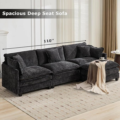 SoarFlash 107.4" Chenille Sectional Sofa, Comfy L Shaped Modular Coush Sofa with Ottoman, Modern 4 Seat Couch Deep Seat Sofa Set for Living Room,Black