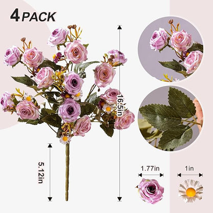 Artificial Flowers for Outdoor 4 Bundles Rose Bouquet with Daisy Faux Flowers UV Resistant for Home Indoor Outside Garden Porch Window Box Balcony Yard Porch Decor (Purple)