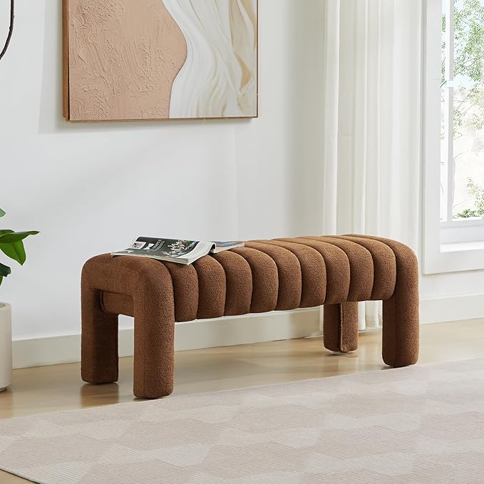 43’’ End of Bed Bench, Modern Boucle Entryway Bench, Upholstered Ottoman Stool with Full Coverage Fabrics, Ottoman for Bedroom, Living Room, Dining Room, Rust Brown
