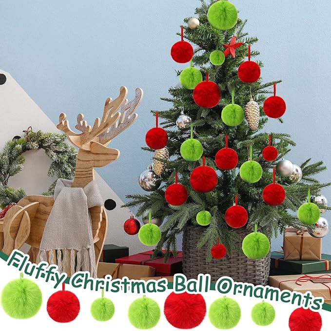 24 Pcs Red and Green Furry Christmas Ball Ornaments for Tree 2.36/3.15/3.94 Inch Pom Pom Ball Christmas Hanging Decoration for Party Supplies Fireplace Mantel Wall Decor