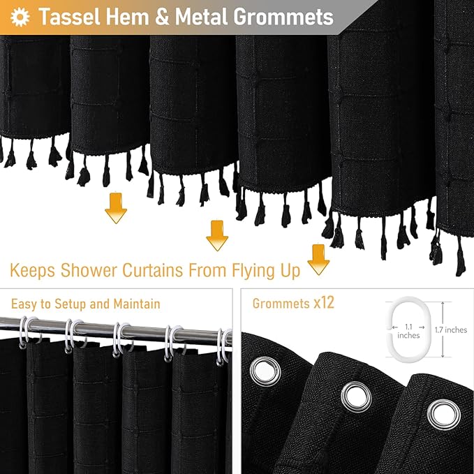 BTTN 78 Inch Long Shower Curtain - Boho Farmhouse Linen Ultra Thick Fabric Shower Curtain Set with Plastic Hooks, Tall Rustic Country Luxury Cloth Shower Curtains for Bathroom Decor, Black, 72x78