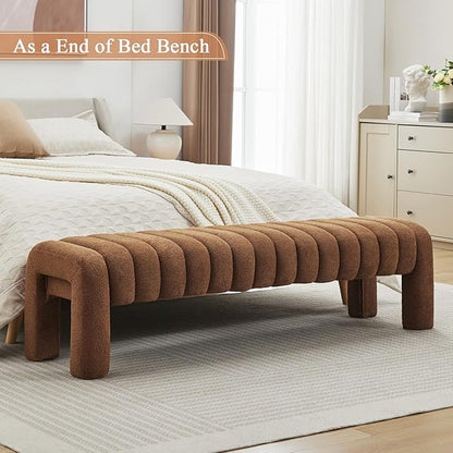 63’’ End of Bed Bench, Modern Boucle Entryway Bench, Upholstered Ottoman Stool with Extra Length, Full Coverage Fabrics, Ottoman for Bedroom, Living Room, Dining Room, Rust Brown