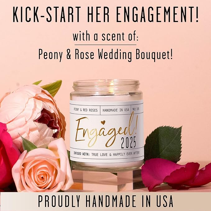 Engagement Gift, Engagement Gifts for Couples -'Engaged 2025' Candle, w/Peony & Rose Wedding Bouquet I Fiance Gifts for Women I Engaged Gift for Her I 50Hr Burn, USA Made