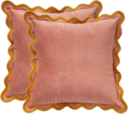 MONDAY MOOSE Decorative Throw Pillow Covers Cushion Cases, Set of 2 Soft Velvet Scalloped Wavy Edge Designs, Mix and Match for Home Decor, Pillow Inserts Not Included (Honey/Pink, 16x16 inch)