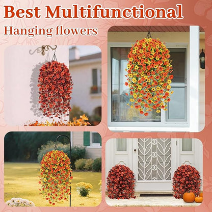 Yastouay 2 Pack Artificial Fall Hanging for Outdoors, Fake Hanging Plants Artificial Decor, Silk Orange Fake Mums Fall Flowers Artificial for Decoration Porch Front Door Yard Fall Decor