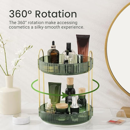 Rotating Makeup Organizer for Vanity, Perfume Skincare Lipstick Organizers for Bathroom Countertop, Clear Make up Storage for Dresser, Bathroom Cosmetics Organizer Storage 360 Spinning(2 Tier, Green)