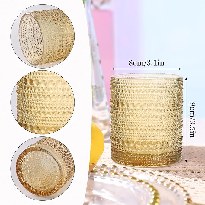 Amber Drinking Glasses Set of 4, 10 oz Hobnail Drinking Glasses - Amber Vintage Glassware for Beer, Cocktail, Soda, Juice, Coffee and Various Mixed Drinks