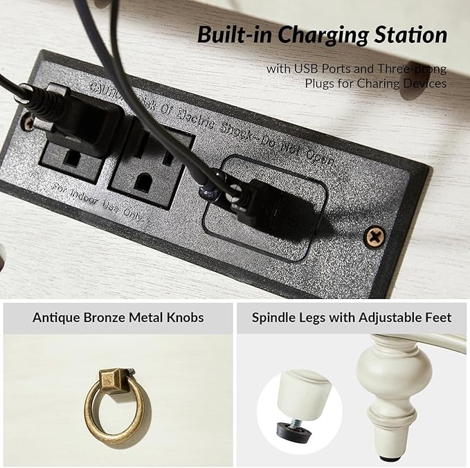 HULALA HOME Wood Nightstands Set of 2 with Charging Station for Bedroom, 3 Drawers Traditional Nightstands, Side Table with Solid Wood Legs, USB Ports & Three-Prong Plugs, White