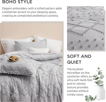 Bedsure Full Comforter Set - Light Grey Comforter, Boho Tufted Shabby Chic Bedding for Kids, 3 Pieces Vintage Farmhouse Bed Set for All Seasons, Fluffy Soft Bedding with 2 Pillow Shams
