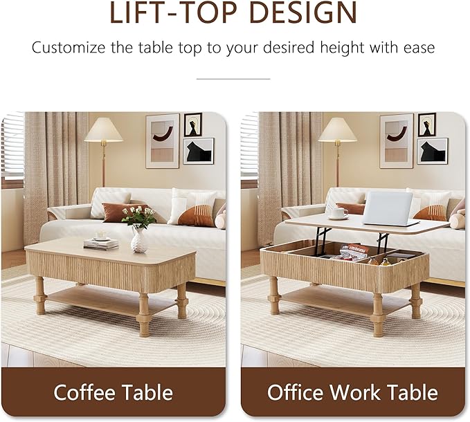 39” Large Lift Top Coffee Table with Hidden Storage Compartment, Fluted Coffee Tables Fully Assembled Wooden Center Table, Mid Century Modern Lift Tabletop Dining Tables for Living Room Office,Natural