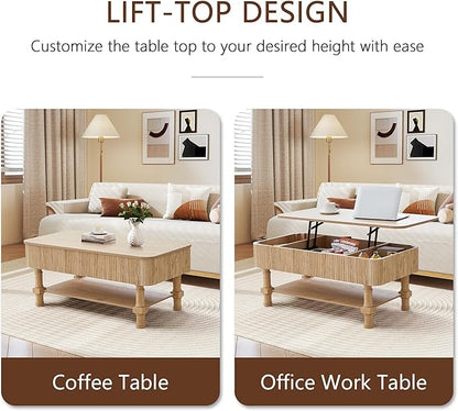 39” Large Lift Top Coffee Table with Hidden Storage Compartment, Fluted Coffee Tables Fully Assembled Wooden Center Table, Mid Century Modern Lift Tabletop Dining Tables for Living Room Office,Natural