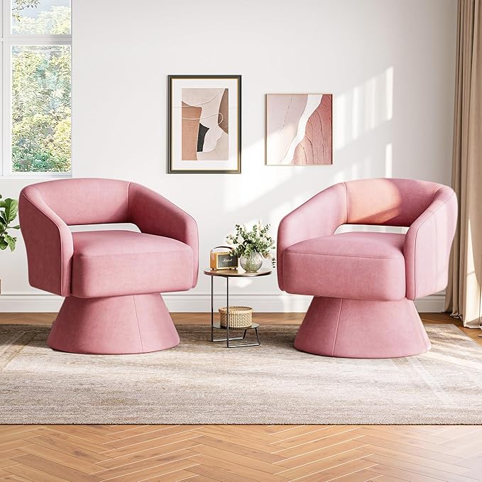 LINSY Swivel Barrel Chair, 360 Modern Swivel Accent Chair Boucle Swivel Chair Round, Pink Velvet Chairs with Arms, Small Barrel Chair for Small Spaces Bedroom Living Room