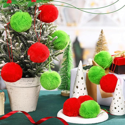 Gejoy 12 Pcs Red and Green Furry Christmas Ball Ornaments for Tree Red and Green Christmas Hanging Decorations Soft Faux Fur Pom Pom Ball Ornaments for Home Party Supplies Fireplace Mantel Wall Decor