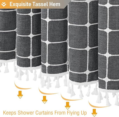 BTTN Charcoal Grey Boho Shower Curtain - Linen Rustic Heavy Duty Fabric Shower Curtain Set with Tassel, Farmhouse Bohemian Vintage Country Thick Cloth Shower Curtains for Bathroom - Gray - 72x72