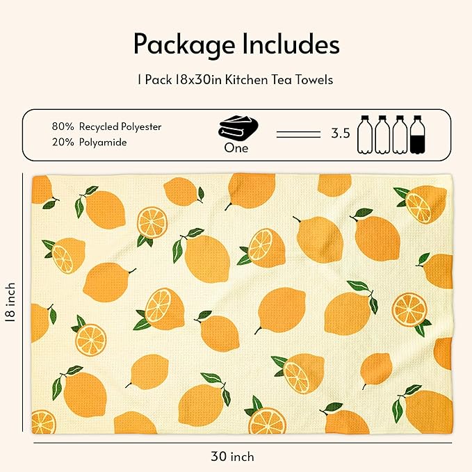 Lemon Kitchen Tea Towels Quick Dry Microfiber Dish Towels 18x30 with Hanging Loop Superior Absorbency Lemon