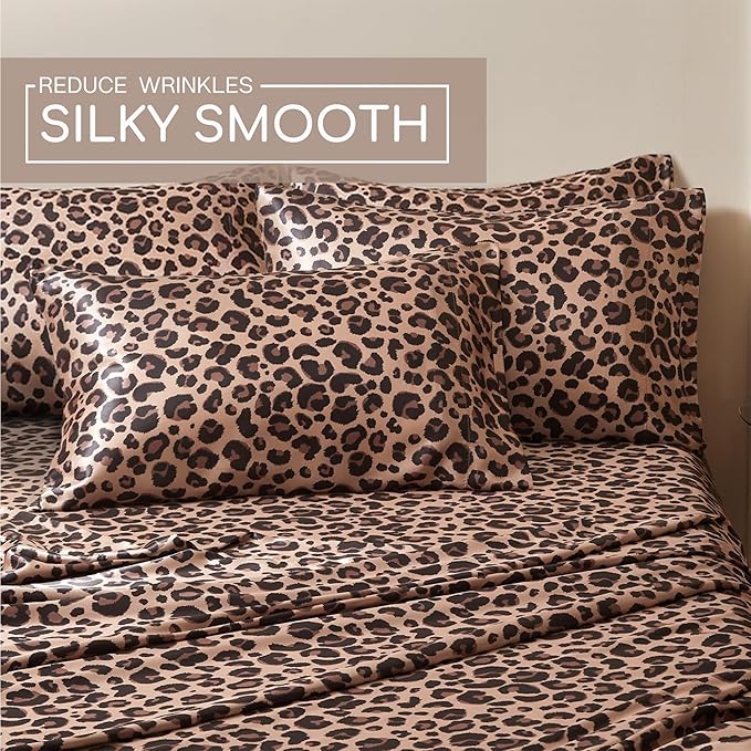 MR&HM Satin Bed Sheets with Elastic Corner Straps, King Size Sheets Set, 6 Pcs Silky Bedding Set with 15 Inches Deep Pocket for Mattress (King, Brown Leopard)