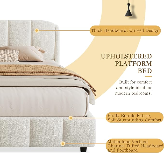 Queen Size Bed Frame, Upholstered Cloud Boucle Platform Beds Frames with Headboard, Anti-Collision Soft Rounded Corners Footboard, No Box Spring Required, Easy Assembly (44.5" Beige, Queen)