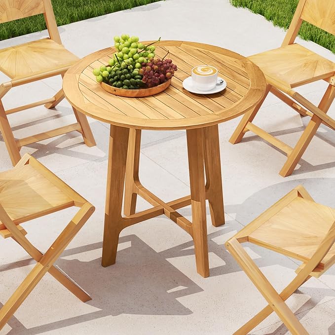 Tangkula 31.5” Patio Dining Table, Round Teak Wood Outdoor Dining Table w/Slatted Tabletop, X-Shaped Frame, 4 Sturdy Supporting Legs, Farmhouse Dining Furniture for Dining Room, Garden, Poolside